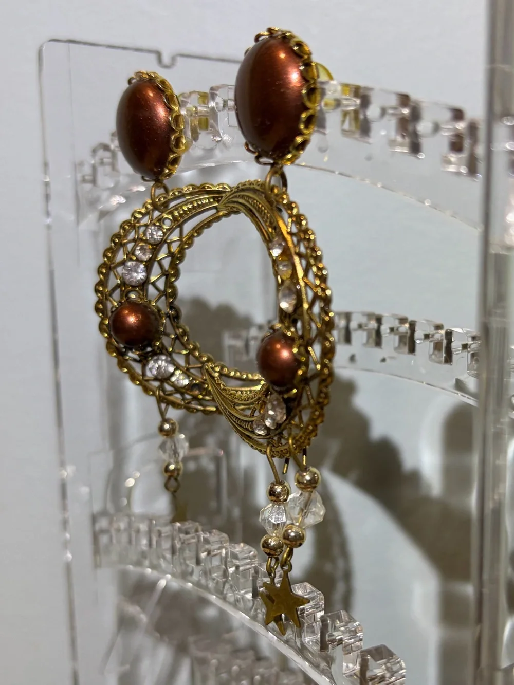 1986 Vintage Leigh LeCocq  Gold Tone Bronze Star & Half Moon Drop Hoop Earrings